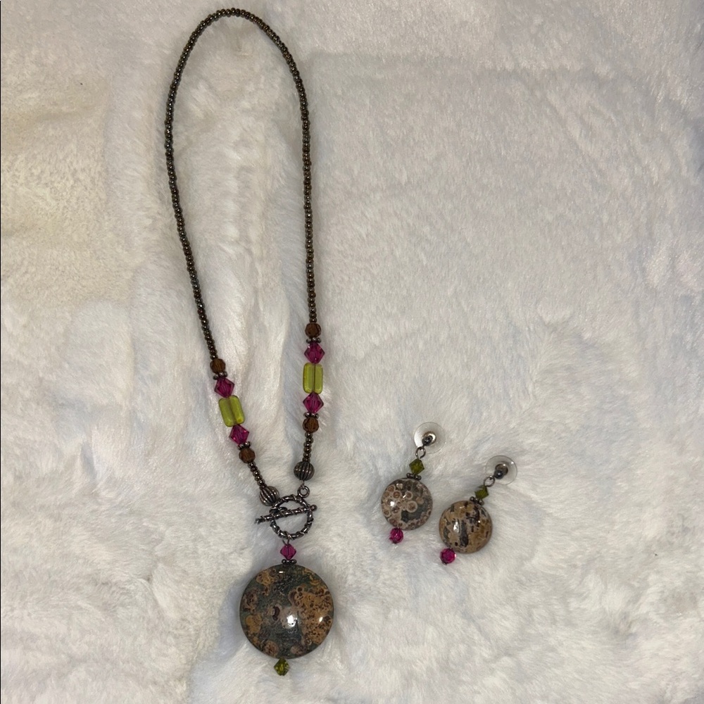 Silver, Bronze, Pink & Green Beaded and Stone 8”Necklace and Earring Set